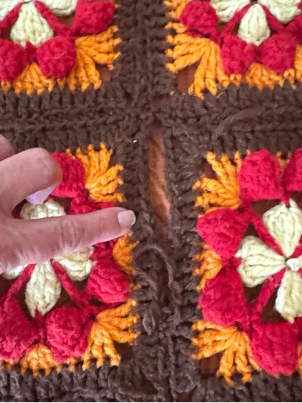 Handmade Crochet Granny Square Afghan Throw 94x51 Floral Brown Red Orange AS-IS
